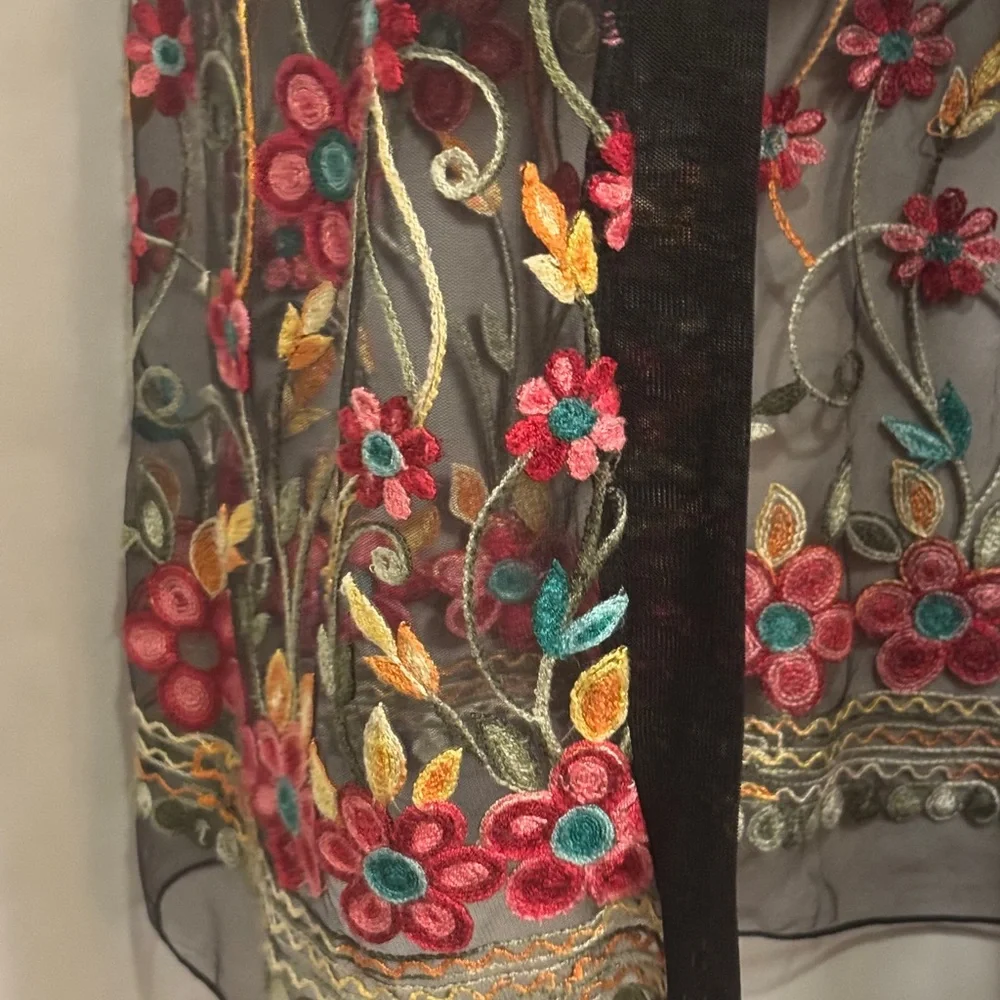 Black Sheer Kimono Duster Floral Embroidery - Picture 5 of 6